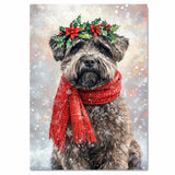 Bouvier des Flandres Christmas Dog Wall Art with Red Scarf and Holly Wreath for Winter Snow Festive Puppy Holiday Artwork on Flat Rolled, Framed or Wrapped Canvas