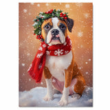 Boxer Christmas Dog Wall Art with Red Scarf and Holly Wreath for Winter Snow Festive Puppy Holiday Artwork on Flat Rolled, Framed or Wrapped Canvas