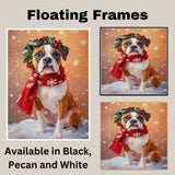 Boxer Christmas Dog Wall Art with Red Scarf and Holly Wreath for Winter Snow Festive Puppy Holiday Artwork on Flat Rolled, Framed or Wrapped Canvas