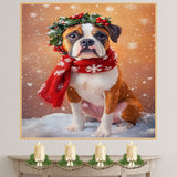 Boxer Christmas Dog Wall Art with Red Scarf and Holly Wreath for Winter Snow Festive Puppy Holiday Artwork on Flat Rolled, Framed or Wrapped Canvas