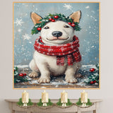 Bull Terrier Christmas Dog Wall Art with Red Scarf and Holly Wreath for Winter Snow Festive Puppy Holiday Artwork on Flat Rolled, Framed or Wrapped Canvas