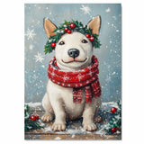 Bull Terrier Christmas Dog Wall Art with Red Scarf and Holly Wreath for Winter Snow Festive Puppy Holiday Artwork on Flat Rolled, Framed or Wrapped Canvas