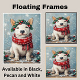 Bull Terrier Christmas Dog Wall Art with Red Scarf and Holly Wreath for Winter Snow Festive Puppy Holiday Artwork on Flat Rolled, Framed or Wrapped Canvas
