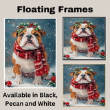 Bulldog Christmas Dog Wall Art with Red Scarf and Holly Wreath for Winter Snow Festive Puppy Holiday Artwork on Flat Rolled, Framed or Wrapped Canvas