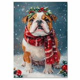 Bulldog Christmas Dog Wall Art with Red Scarf and Holly Wreath for Winter Snow Festive Puppy Holiday Artwork on Flat Rolled, Framed or Wrapped Canvas