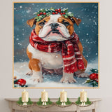 Bulldog Christmas Dog Wall Art with Red Scarf and Holly Wreath for Winter Snow Festive Puppy Holiday Artwork on Flat Rolled, Framed or Wrapped Canvas