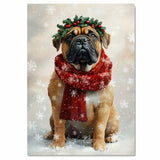 Bullmastiff Christmas Dog Wall Art with Red Scarf and Holly Wreath for Winter Snow Festive Puppy Holiday Artwork on Flat Rolled, Framed or Wrapped Canvas