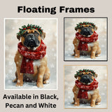 Bullmastiff Christmas Dog Wall Art with Red Scarf and Holly Wreath for Winter Snow Festive Puppy Holiday Artwork on Flat Rolled, Framed or Wrapped Canvas