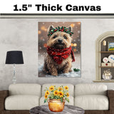 Cairn Terrier Christmas Dog Wall Art with Red Scarf and Holly Wreath for Winter Snow Festive Puppy Holiday Artwork on Flat Rolled, Framed or Wrapped Canvas