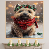 Cairn Terrier Christmas Dog Wall Art with Red Scarf and Holly Wreath for Winter Snow Festive Puppy Holiday Artwork on Flat Rolled, Framed or Wrapped Canvas