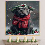 Cane Corso Christmas Dog Wall Art with Red Scarf and Holly Wreath for Winter Snow Festive Puppy Holiday Artwork on Flat Rolled, Framed or Wrapped Canvas