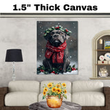 Cane Corso Christmas Dog Wall Art with Red Scarf and Holly Wreath for Winter Snow Festive Puppy Holiday Artwork on Flat Rolled, Framed or Wrapped Canvas
