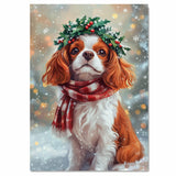 Cavalier King Charles Spaniel Christmas Dog Wall Art with Red Scarf and Holly Wreath for Winter Snow Festive Puppy Holiday Artwork on Flat Rolled, Framed or Wrapped Canvas
