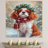 Cavalier King Charles Spaniel Christmas Dog Wall Art with Red Scarf and Holly Wreath for Winter Snow Festive Puppy Holiday Artwork on Flat Rolled, Framed or Wrapped Canvas