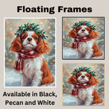 Cavalier King Charles Spaniel Christmas Dog Wall Art with Red Scarf and Holly Wreath for Winter Snow Festive Puppy Holiday Artwork on Flat Rolled, Framed or Wrapped Canvas