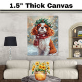 Cavalier King Charles Spaniel Christmas Dog Wall Art with Red Scarf and Holly Wreath for Winter Snow Festive Puppy Holiday Artwork on Flat Rolled, Framed or Wrapped Canvas