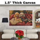Dog Christmas Canvas  - "Poodle Pampering" - Elegant Poodles Lounging on a Vintage Red Ornate Sofa on Ready to Hang 1.5" Thick Canvas Wrap, Floating Framed Canvas, Flat Rolled Canvas