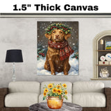 Chesapeake Bay Retriever Christmas Dog Wall Art with Red Scarf and Holly Wreath for Winter Snow Festive Puppy Holiday Artwork on Flat Rolled, Framed or Wrapped Canvas