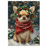 Chihuahua Christmas Dog Wall Art with Red Scarf and Holly Wreath for Winter Snow Festive Puppy Holiday Artwork on Flat Rolled, Framed or Wrapped Canvas