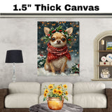 Chihuahua Christmas Dog Wall Art with Red Scarf and Holly Wreath for Winter Snow Festive Puppy Holiday Artwork on Flat Rolled, Framed or Wrapped Canvas