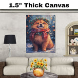 Chow Chow Christmas Dog Wall Art with Red Scarf and Holly Wreath for Winter Snow Festive Puppy Holiday Artwork on Flat Rolled, Framed or Wrapped Canvas