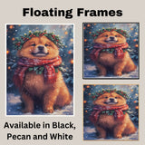 Chow Chow Christmas Dog Wall Art with Red Scarf and Holly Wreath for Winter Snow Festive Puppy Holiday Artwork on Flat Rolled, Framed or Wrapped Canvas