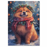 Chow Chow Christmas Dog Wall Art with Red Scarf and Holly Wreath for Winter Snow Festive Puppy Holiday Artwork on Flat Rolled, Framed or Wrapped Canvas