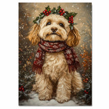 Cockapoo Christmas Dog Wall Art with Red Scarf and Holly Wreath for Winter Snow Festive Puppy Holiday Artwork on Flat Rolled, Framed or Wrapped Canvas