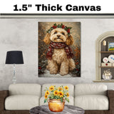 Cockapoo Christmas Dog Wall Art with Red Scarf and Holly Wreath for Winter Snow Festive Puppy Holiday Artwork on Flat Rolled, Framed or Wrapped Canvas