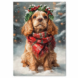 Cocker Spaniel Christmas Dog Wall Art with Red Scarf and Holly Wreath for Winter Snow Festive Puppy Holiday Artwork on Flat Rolled, Framed or Wrapped Canvas