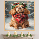 Cocker Spaniel Christmas Dog Wall Art with Red Scarf and Holly Wreath for Winter Snow Festive Puppy Holiday Artwork on Flat Rolled, Framed or Wrapped Canvas