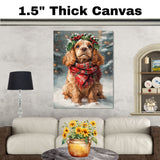 Cocker Spaniel Christmas Dog Wall Art with Red Scarf and Holly Wreath for Winter Snow Festive Puppy Holiday Artwork on Flat Rolled, Framed or Wrapped Canvas