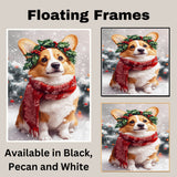 Corgi Christmas Dog Wall Art with Red Scarf and Holly Wreath for Winter Snow Festive Puppy Holiday Artwork on Flat Rolled, Framed or Wrapped Canvas