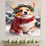 Corgi Christmas Dog Wall Art with Red Scarf and Holly Wreath for Winter Snow Festive Puppy Holiday Artwork on Flat Rolled, Framed or Wrapped Canvas