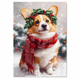 Corgi Christmas Dog Wall Art with Red Scarf and Holly Wreath for Winter Snow Festive Puppy Holiday Artwork on Flat Rolled, Framed or Wrapped Canvas