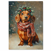 Dachshund Christmas Dog Wall Art with Red Scarf and Holly Wreath for Winter Snow Festive Puppy Holiday Artwork on Flat Rolled, Framed or Wrapped Canvas
