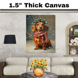 Dachshund Christmas Dog Wall Art with Red Scarf and Holly Wreath for Winter Snow Festive Puppy Holiday Artwork on Flat Rolled, Framed or Wrapped Canvas