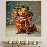 Dachshund Christmas Dog Wall Art with Red Scarf and Holly Wreath for Winter Snow Festive Puppy Holiday Artwork on Flat Rolled, Framed or Wrapped Canvas