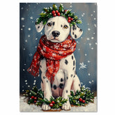 Dalmatian Christmas Dog Wall Art with Red Scarf and Holly Wreath for Winter Snow Festive Puppy Holiday Artwork on Flat Rolled, Framed or Wrapped Canvas