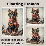 Doberman Christmas Dog Wall Art with Red Scarf and Holly Wreath for Winter Snow Festive Puppy Holiday Artwork on Flat Rolled, Framed or Wrapped Canvas