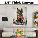 Doberman Christmas Dog Wall Art with Red Scarf and Holly Wreath for Winter Snow Festive Puppy Holiday Artwork on Flat Rolled, Framed or Wrapped Canvas