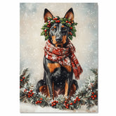 Doberman Christmas Dog Wall Art with Red Scarf and Holly Wreath for Winter Snow Festive Puppy Holiday Artwork on Flat Rolled, Framed or Wrapped Canvas