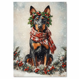 Doberman Christmas Dog Wall Art with Red Scarf and Holly Wreath for Winter Snow Festive Puppy Holiday Artwork on Flat Rolled, Framed or Wrapped Canvas