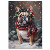FrenchBulldog Christmas Dog Wall Art with Red Scarf and Holly Wreath for Winter Snow Festive Puppy Holiday Artwork on Flat Rolled, Framed or Wrapped Canvas