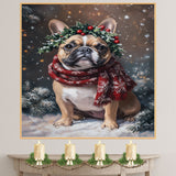 FrenchBulldog Christmas Dog Wall Art with Red Scarf and Holly Wreath for Winter Snow Festive Puppy Holiday Artwork on Flat Rolled, Framed or Wrapped Canvas