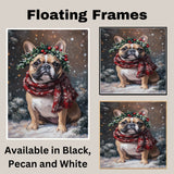 FrenchBulldog Christmas Dog Wall Art with Red Scarf and Holly Wreath for Winter Snow Festive Puppy Holiday Artwork on Flat Rolled, Framed or Wrapped Canvas