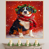 Greater Swiss Mountain Christmas Dog Wall Art with Red Scarf and Holly Wreath for Winter Snow Festive Puppy Holiday Artwork on Flat Rolled, Framed or Wrapped Canvas