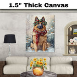 German Shepherd Christmas Dog Wall Art with Red Scarf and Holly Wreath for Winter Snow Festive Puppy Holiday Artwork on Flat Rolled, Framed or Wrapped Canvas