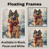 German Shepherd Christmas Dog Wall Art with Red Scarf and Holly Wreath for Winter Snow Festive Puppy Holiday Artwork on Flat Rolled, Framed or Wrapped Canvas