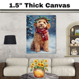 Goldendoodle Christmas Dog Wall Art with Red Scarf and Holly Wreath for Winter Snow Festive Puppy Holiday Artwork on Flat Rolled, Framed or Wrapped Canvas